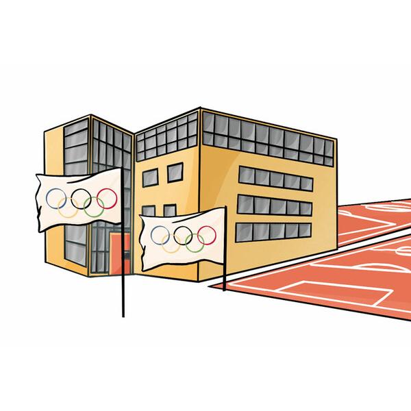 Grafische Darstellung eines modernen Gebäudes mit Olympiageländen und Flaggen mit Olympischen Ringen im Vordergrund.