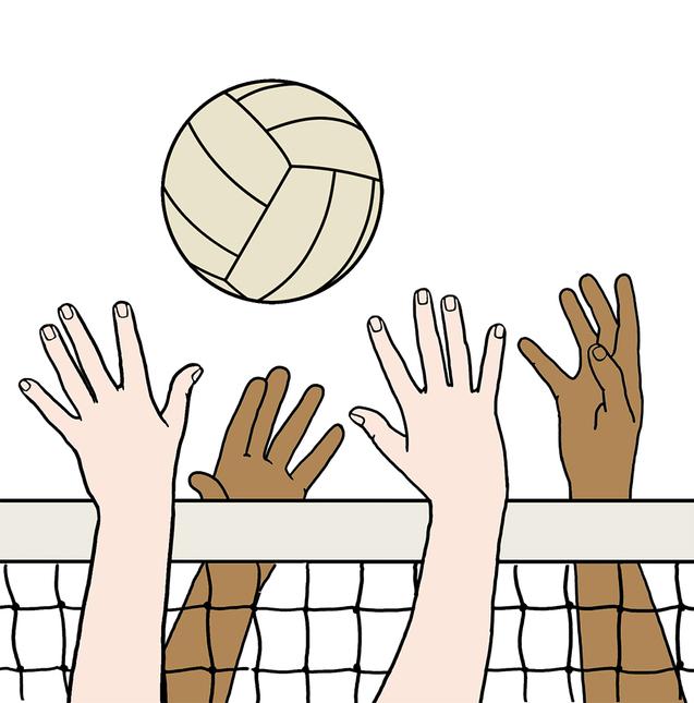 Hände verschiedener Hauttöne strecken sich nach einem Volleyball über einem Netz.