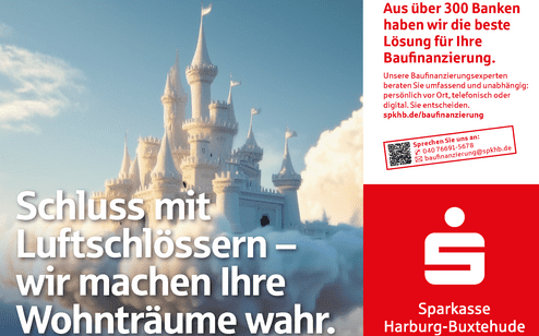 M&auml;rchenschloss unter blauem Himmel mit dem Slogan &bdquo;Schluss mit Luftschl&ouml;ssern &ndash; wir machen Ihre Wohntr&auml;ume wahr.&ldquo;