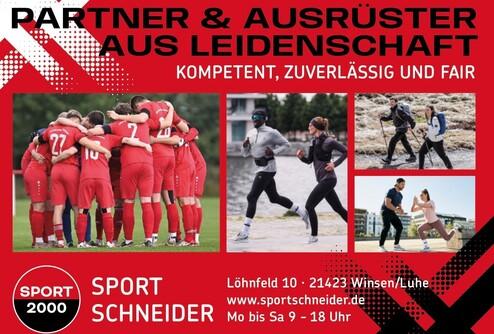 Sportliches Plakat mit Bildern von Fu&szlig;ballspielern, L&auml;ufern und Wanderern sowie einem Logo von Sport Schneider.