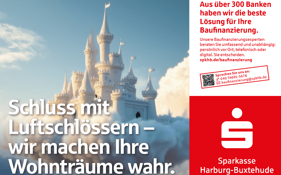 M&auml;rchenschloss unter blauem Himmel mit dem Slogan &bdquo;Schluss mit Luftschl&ouml;ssern &ndash; wir machen Ihre Wohntr&auml;ume wahr.&ldquo;