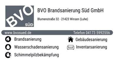 Logo von BVO Brandsanierung S&uuml;d GmbH mit Kontaktdaten und Dienstleistungen wie Brandsanierung und Wasserschaden.