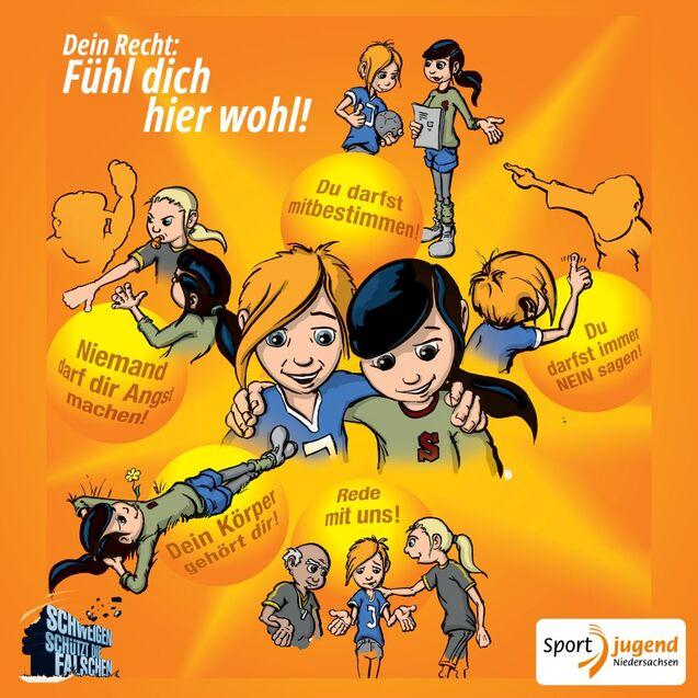 Illustration mit Kindern, die positive Botschaften zu Selbstbestimmung und Sicherheit ausdr&uuml;cken. Text: "F&uuml;hl dich hier wohl!"