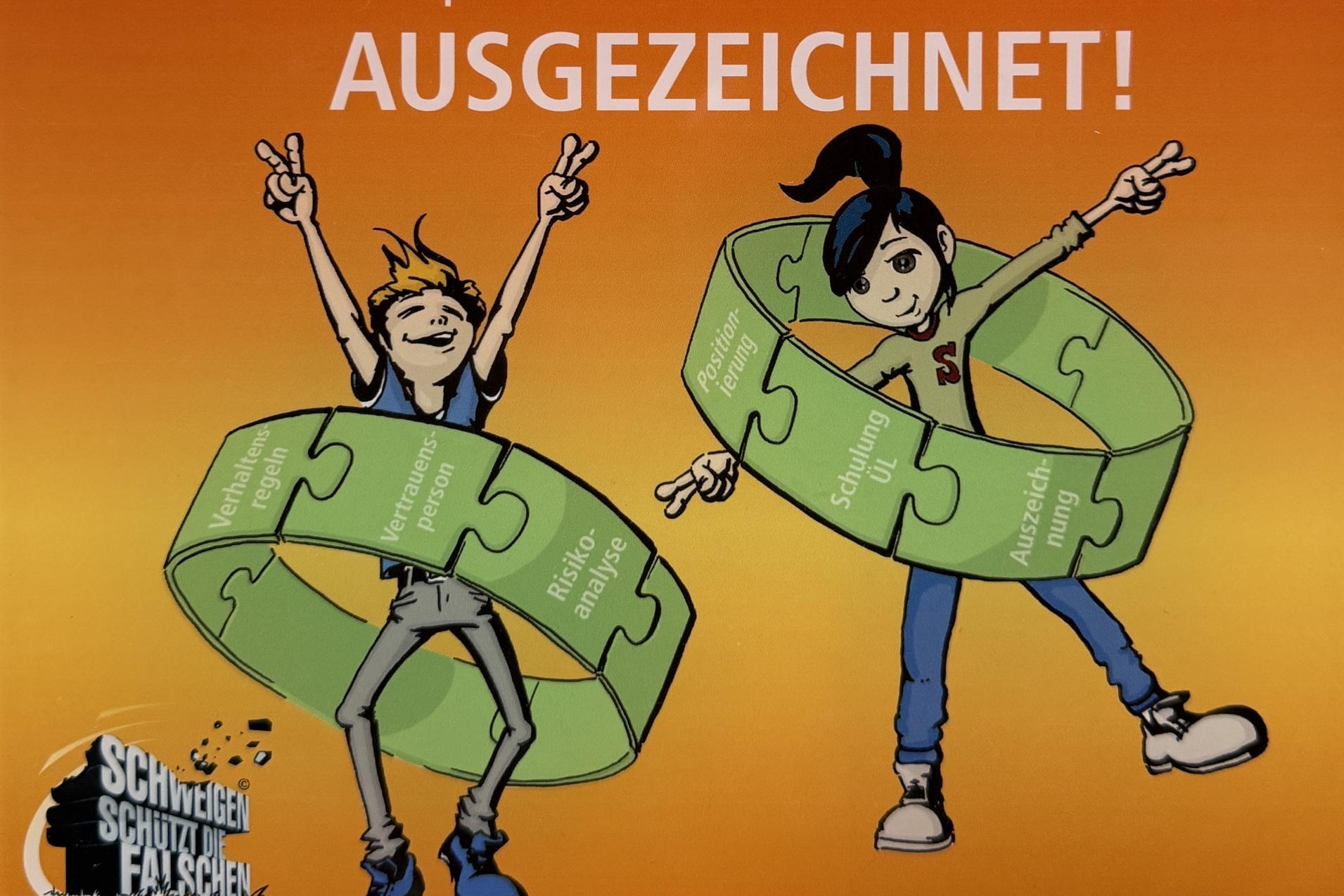 Illustration von zwei Kindern in grünen Puzzlestücken mit dem Text „Verein(t) gegen sexualisierte Gewalt im Sport – AUSGEZEICHNET!“