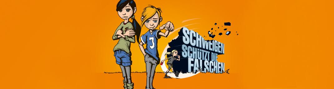 Zwei Cartoon-Kinder stehen vor orangefarbenem Hintergrund, daneben der Spruch „Schweigen schützt vor falschen“.