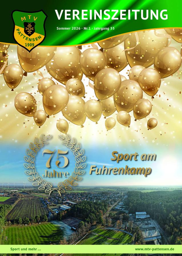 Cover der Vereinszeitung mit goldenen Luftballons, Jubil&auml;umswimpel &bdquo;75 Jahre&ldquo; und der Aufschrift &bdquo;Sport am Fuhrenkamp&ldquo;.